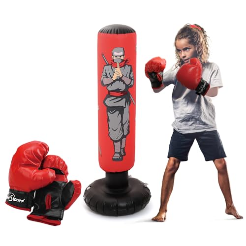 Inflatable Kids Punching Bag with Boxing Gloves, 47" High Free Standing Bounce Back Bag for MMA, Karate, Taekwondo and Kick, Gifts for Kids, Boys and Girls