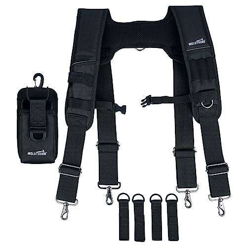 MELOTOUGH Tool Belt Braces Construction Bag Suspenders Padded Work belt Suspenders for Carpenter/Electrician/Roofing/Farmer work Suspension Rig(H Back, Black, Full Size