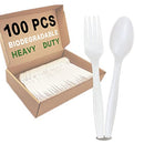 100 Count Disposable Fork Spoon Knife Utensils Cutlery Set Biodegradable Plant-Based Compostable Party Durable Heavy Duty (Spoon 50, Fork 50)