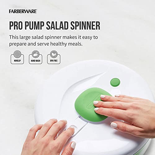 Farberware Easy to use pro Pump Spinner with Bowl, Colander and Built in draining System for Fresh, Crisp, Clean Salad and Produce, Large 6.6 Quart, Green