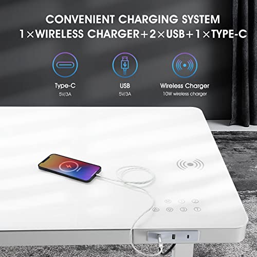 Luxsuite Electric Standing Desk Sit Stand Up Office Table Height Adjustable Motorised Rising Memory Function Tempered Glass Top Wireless Charger USB White