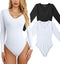 OQQ Women's 2 Piece Bodysuits Sexy Ribbed T Shirt One Piece V Neck Long Sleeve Bodysuits, Black White, Medium