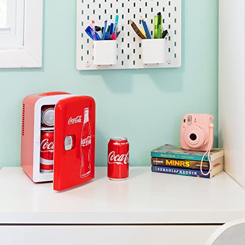Coca-Cola Classic Portable 6 Can Thermoelectric Mini Fridge Cooler/Warmer, 4 L/4.2 qt, Red, for Home, Dorm, car, Boat, Beverages, Snacks, Skincare, Cosmetics, Medication