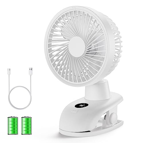 SmartDevil Clip on Fan with LED Display, Portable Small Desk Fan, 4 Speed Personal Rechargeable Table Fan with Clip, Mini Clip Fan for Stroller, Camping, Office, Desk (White)