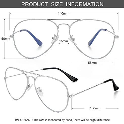 Classic Clear Aviator Glasses for Men Women, Metal Frame Blue Light Blocking Lens Eyeglasses, 04silver, lenswidth