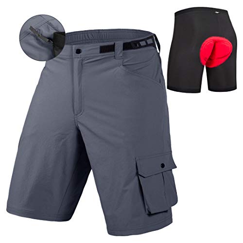 Mountain Bike Shorts for Men with 3D Padded Cycling MTB Shorts, Lightweight Loose Fit Bicycle Underwear Shorts, Grey + Detachable Underwear, X-Large