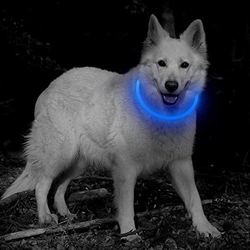 UPET LED Dog Collar USB Glow Rechargeable Light Up Pet Necklace IPX6 Waterproof 3 Flashing Modes High Brightness Collars Length 70cm TPU Cuttable for Small Medium Large Dogs Night Walking Safety（Blue）