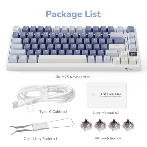RK ROYAL KLUDGE M75 Gaming Keyboard Wireless 75% TKL Mechanical Keyboard RGB 2.4GHz Wireless/Bluetooth/USB-C QWERTZ with OLED Smart Display and Button Hot Swappable Brown Switch, Lavender Purple