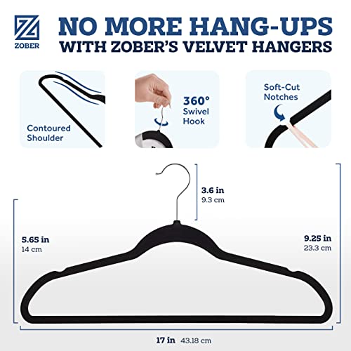 Zober Velvet Hangers 50 Pack - Black Hangers for Coats, Pants & Dress Clothes - Non Slip Clothes Hanger Set w/ 360 Degree Swivel, Holds up to 10 lbs - Strong Felt Hangers for Clothing