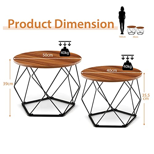 Giantex Nesting Coffee Table, Circle Side End Table w/Pentagonal Steel Base & EVA Pads, Accent Tea Center Table for Small Space, Round Bedside Table Set of 2 for Living Room Bedroom, Rustic Brown