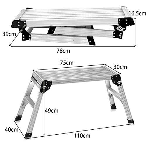 Costway Aluminum Folding Platform Stool, Multifunctional Work Bench Ladder w/Anti-Skid Strips, Easy to Transport, Sturdy Construction, Great Weight Capacity of 150KG, Non-Slip Foot Pads