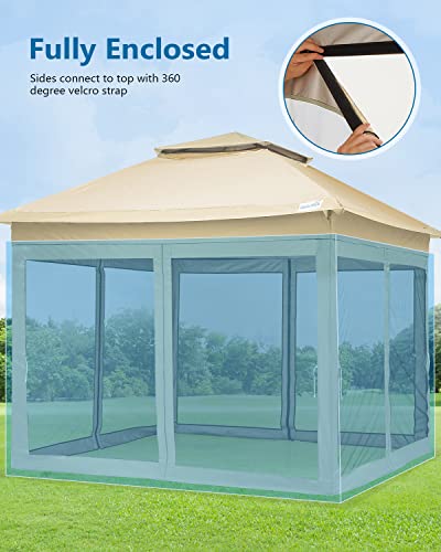 Quictent 10’x10’ Pop up Gazebo Tent with Mosquito Netting, Vented Top Outdoor Instant Screened Gazebo Tent Canopy Shelter, Khaki