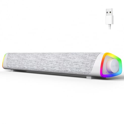 SOULION R30 Plus Computer Speakers, Wired USB-Powered Bluetooth V5.3 PC Sound Bar, Colorful RGB Lights with Switch Button, Surround Portable SoundBar Speaker for Desktop Laptop Phone White