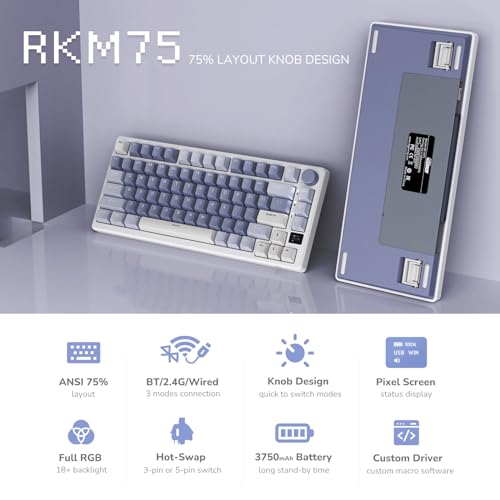 RK ROYAL KLUDGE M75 Gaming Keyboard Wireless 75% TKL Mechanical Keyboard RGB 2.4GHz Wireless/Bluetooth/USB-C QWERTZ with OLED Smart Display and Button Hot Swappable Brown Switch, Lavender Purple