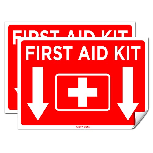 (Set of 2) First Aid Kit Sign - 10" x 7" 4 Mil Vinyl - Laminated for Ultimate Protection & Durability - Self Adhesive Decal - UV Protected & Weatherproof - Heavy Duty