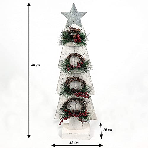 SHATCHI Christmas Holiday Home Décor Battery Operated Wooden Tree Tabletop Centrepiece with Wreath and 15 Small Warm White Bulbs – (Grey/Red/Green), 80cm, Wood, 25 x 10 x 80H cm