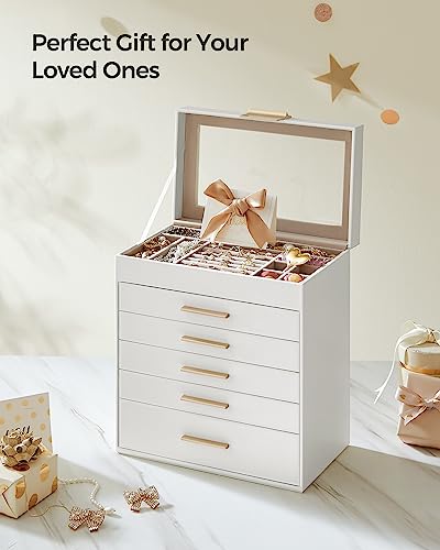 SONGMICS Jewelry Box with Glass Lid, 6-Layer Jewelry Organizer, 5 Drawers, for Sunglasses, Big Jewelry, Jewelry Storage, Modern Style, Cloud White and Gold Color UJBC171W01