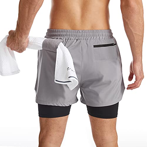 Surenow Mens 2 in 1 Running Shorts Quick Dry Athletic Shorts with Liner, Workout Shorts with Zip Pockets and Towel Loop, Light Grey, Medium