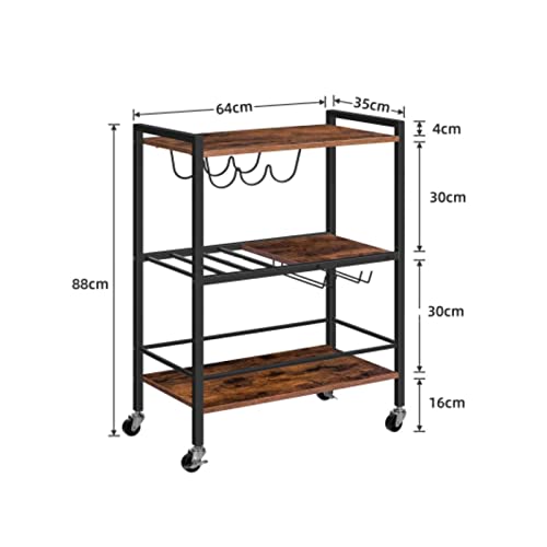 Bar Cart, 3-Tier Serving Wine Cart, Kitchen Cart with Wine Rack and Cup Holder, with Freely Rotating and Lockable Wheels, Bar Carts for The Home,Dining Rooms, Living Room, Garden, Party, Bar