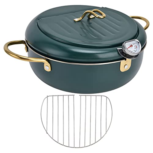 Deep Fryer Pot, 304 Stainless Steel Frying Pot with Thermometer & Lid High Temperature Resistance Nonstick Tempura Fry Pot Portable Mini Deep Fryer for French Fries Shrimp Chicken (Dark Green)