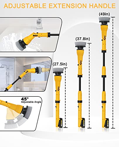 2 Battery Electric Spin Scrubber, 1000RPM Cordless Cleaning Brush Waterproof with 20V Power Supplied, Adjustable Extension Arm, 4 Replaceable Cleaning Heads, Hook, Gloves - for Tub/Tile/Wall/Floor