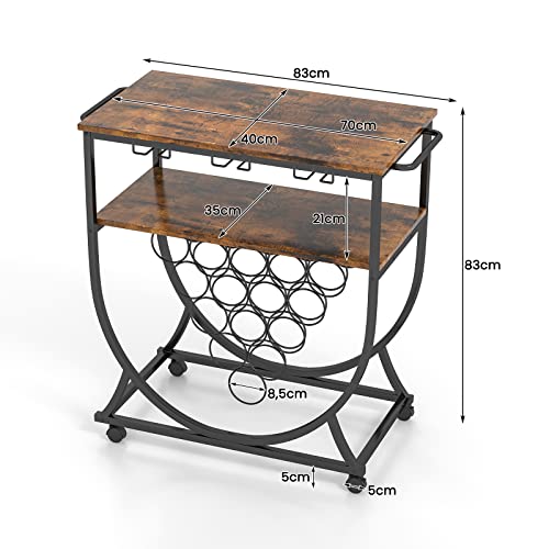 Giantex Industrial Bar Cart, Serving Cart with Wheels and Handles, Rolling Drink Trolley with 2-Tier Open Shelves, Wine Rack and Glass Holder for Dining Room Living Room Kitchen, Rustic Brown & Black