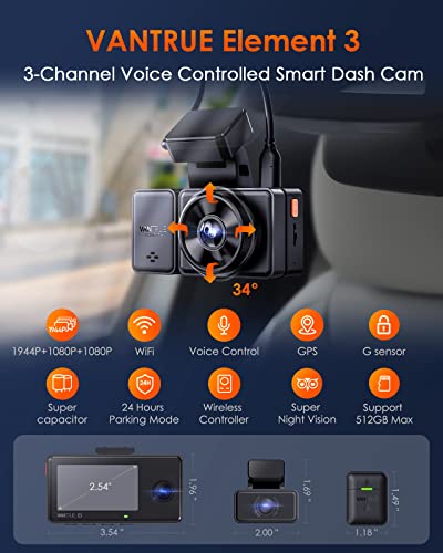 Vantrue E3 2.7K 3 Channel WiFi Dash Cam, Front and Rear Cabin 3 Way GPS Dash Camera 1944P+1080P+1080P with Voice Control, IR Night Vision, Wireless Controller, 24 Hrs Parking Mode, Support 512GB Max