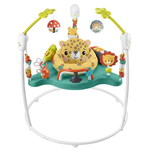 FISHER-PRICE Hüpf-Leopard Jumperoo - Spielcenter mit Wippe, 360 Grad Sitz, Abnehmbarer Tukan, höhenverstellbar, unterstützt Grobmotorik und Sinnesentwicklung, für Babys bis 11,3 kg, HND47