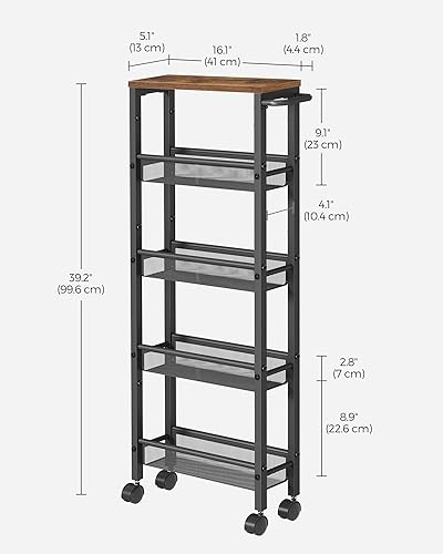 VASAGLE Slim Rolling Cart, 5-Tier Storage Cart, Narrow Cart with Handle, 5.1 Inches Deep, Metal Frame, for Kitchen, Dining Room, Living Room, Home Office, Rustic Brown and Black ULRC034B01