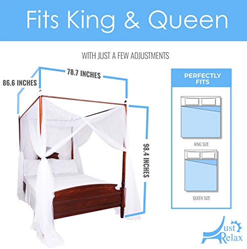 (White) - Just Relax Four Corner Post Elegant Mosquito Net Bed Canopy Set, White, Full/Queen/King, 86.6x 78.18cm x 250cm