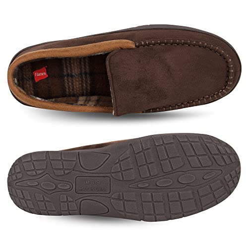 Hanes Unisex Moccasin Slipper House Shoe with Indoor Outdoor Memory Foam Sole Fresh Iq Odor Protection, Brown, Medium