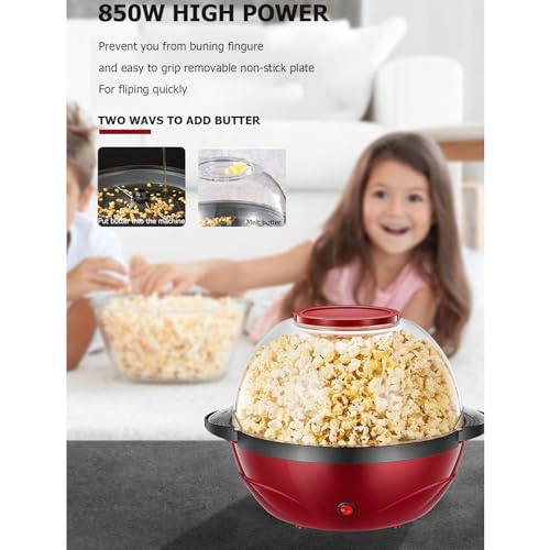 Popcorn Machine, 2 in 1 Popcorn Popper maker, 6 Quart/24 Cup, Nonstick Plate, 850W Electric Stirring with Quick-Heat Technology, Cool Touch Handles, Thicken Transparent Cover, Dishwasher Safe