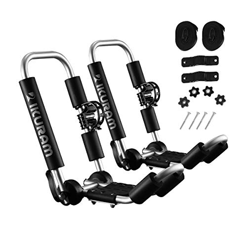 IKURAM Kayak/Surf/Ski Roof Carrier Rack of J-Style Folding Universal Field & Stream 3-in-1 Multifunction for Canoe, SUP, Kayaks, Surfboard and Ski Board Rooftop Mount on SUV, Car and Truck, Set of 2