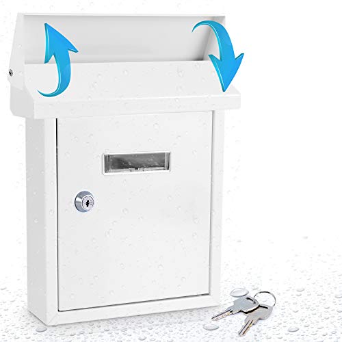 Serenelife SLMAB01 Wall Mount Lockable Mailbox- Modern Outdoor Galvanized Metal Key Large Capacity- Commercial Rural Home Decorative & Office Business Parcel Box Packages Drop Slot Secure Lock, White, 10''x 3.9''x 12.4''