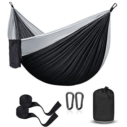 Hammock Camping, Portable Single/Double Hammocks for Outdoor Hiking Travel Backpacking - 210D Nylon Hammock Swing for Backyard & Garden (Black/Gray)