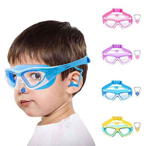 Vvinca Kids Swim Goggles, Wide View Anti-Fog Quick Adjustable Strap Swim Mask with Ear Clip Nose Clip for Child Swimming Lesson, No Leaking Water Pool Glasses for Toddlers Girls Boys Age 3-12 (Blue)