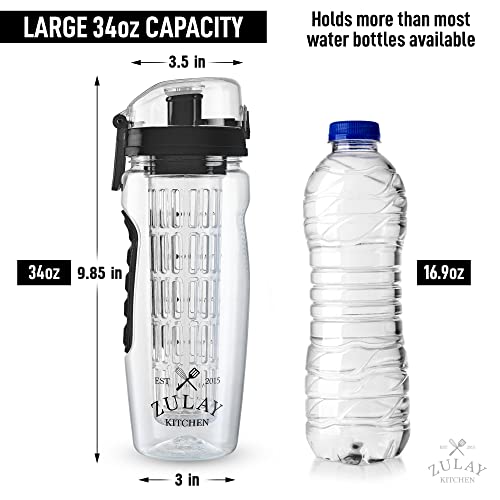 Zulay (34oz Capacity) Fruit Infuser Water Bottle With Sleeve - Anti-Slip Grip & Flip Top Lid Infused Water Bottles for Women & Men - Water Infusion Bottle - Onyx Black