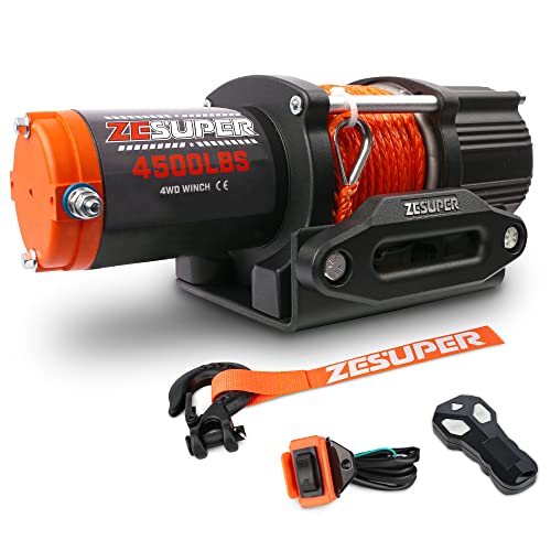 ZESUPER 4500 lb Winch Waterproof IP67 Electric Winch with Wireless Remote Synthetic Winch Rope Hawse Fairlead Handheld Remote ATV UTV Winches 12V Portable Power Winch