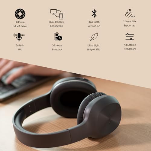 Edifier W600BT Wireless Headphones Bluetooth 5.1, Over-Ear Headset with Microphone, Pair Two Devices, 3.5mm AUX, Soft Protein Earpads, 30 Hours Playtime - Black