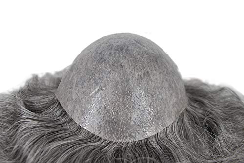 Mens Grey Toupee Super Thin Skin Human Hairpiece Natural Black mixed 60% Gray