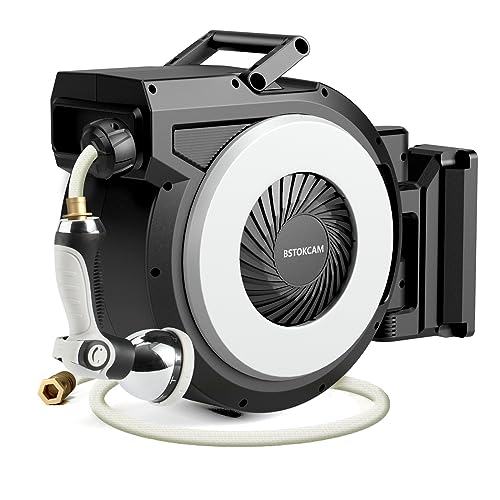 Heavy Duty Retractable Garden Hose Reel by BSTOKCAM, 100 ft Wall Mount Water Hose Reels Outdoor Organizer- Self winding Hose Reel Automatic Recoil Storage, Include Sprayer & Nozzle