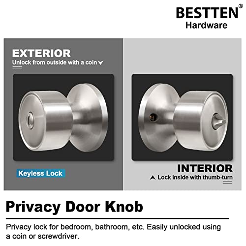 [10 Pack] BESTTEN Privacy Door Knobs with Removable Latch Plate, Geneva Series Interior Keyless Doorknobs for Bedroom or Bathroom, All Metal, Satin Nickel