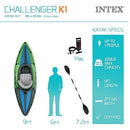 INTEX 68305EP Challenger K1 Inflatable Kayak Set: Includes Deluxe 86in Aluminum Oar and High-Output Pump – Adjustable Seat with Backrest – Removable Skeg – 1-Person – 220lb Weight Capacity