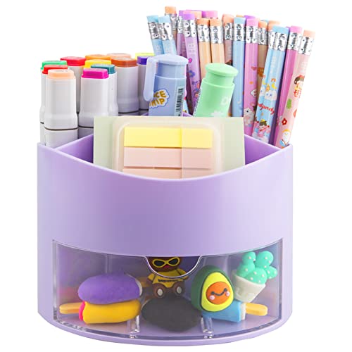 Zyners Rotating Pen Pencil Holder 360-Degree with Drawer, 5 Compartments Desk Stationary Cosmetic Makeup Brushes Holder for Dressing Table, Home , Office, Desktop(Purple)