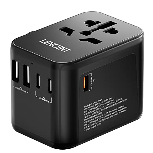 LENCENT Universal Travel Adapter, International Charger with 3 USB Ports & Type-C PD Charging Adaptor for Cellphones,Laptop, All in One Travel Plug Adapter for Over 200 Countries (USA UK EU AUS) Black