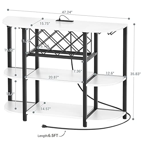 Unikito Bar Table Cabinet with Charging Station,Wine Rack Table with LED Light and Storage, Freestanding Floor Bar Cabinet for Liquor and Glasses for Home Kitchen Dining Room, White