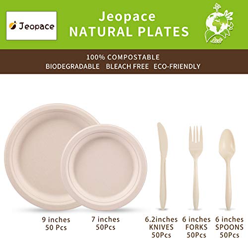 Paper Plates Heavy Duty,Paper Plates Set,Dinner Plates Set,Sugarcane Disposable Paper Plates Set Eco,9 Inch and 7 Inch Party Plates,Forks,Knives and Spoons Set for 50 People [250 PCS]