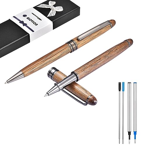 Wood Ballpoint Pen Set 2 Pack, Fancy Wooden Pens and Rollerball Pen for Men Extra 4 Ink Refills (2 Blue & 2 Black) Nice Writing Pen Gift Set for Business Journaling Executive Signature