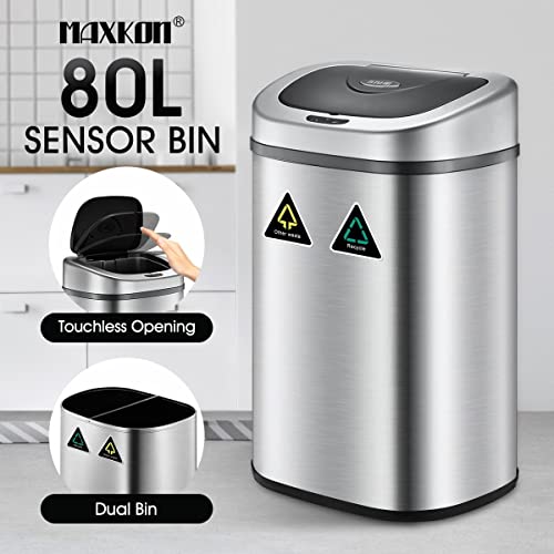 Maxkon 80L Motion Sensor Rubbish Bin Dual Compartment Recycle Kitchen Bin Stainless Steel Waste Garbage Smart Trash Can Sliver
