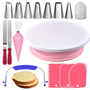 RFAQK 35PCs Cake Turntable and Leveler-Rotating Cake Stand with Non Slip pad-7 Icing Tips and 20 Bags- Straight & Offset Spatula-3 Sc Set -EBook -Baking Tools